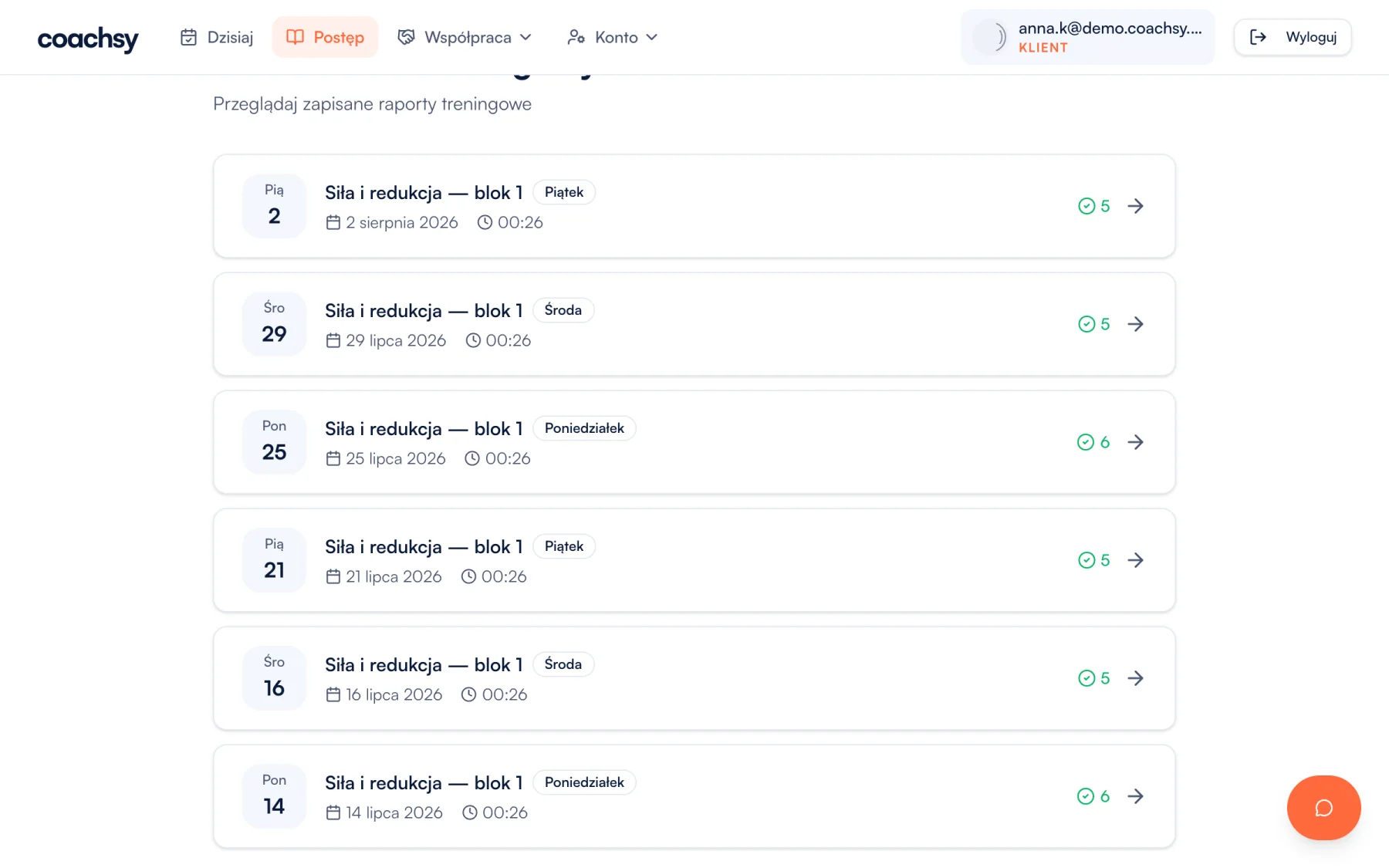 Dziennik treningowy klienta w Coachsy: lista raportów z wykonanych treningów.